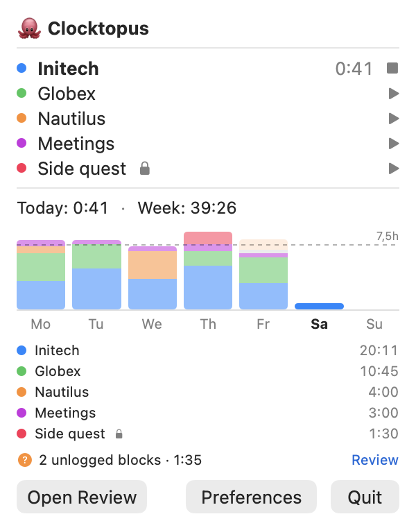 Clocktopus menubar popover with a running timer, project list, and weekly activity chart